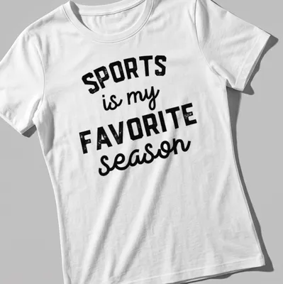 Bold vintage print t-shirt displaying 'SPORTS is my FAVORITE season' in black and white. — printed on a women's shirt
