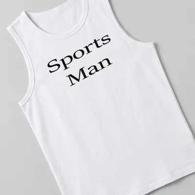 Bold serif print of 'Sports Man' on a black and white — printed on a tank top