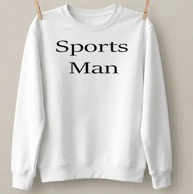 Bold serif print of 'Sports Man' on a black and white — printed on a unisex sweatshirt