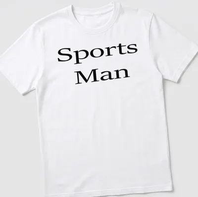 Bold serif print of 'Sports Man' on a black and white — printed on a unisex t-shirt