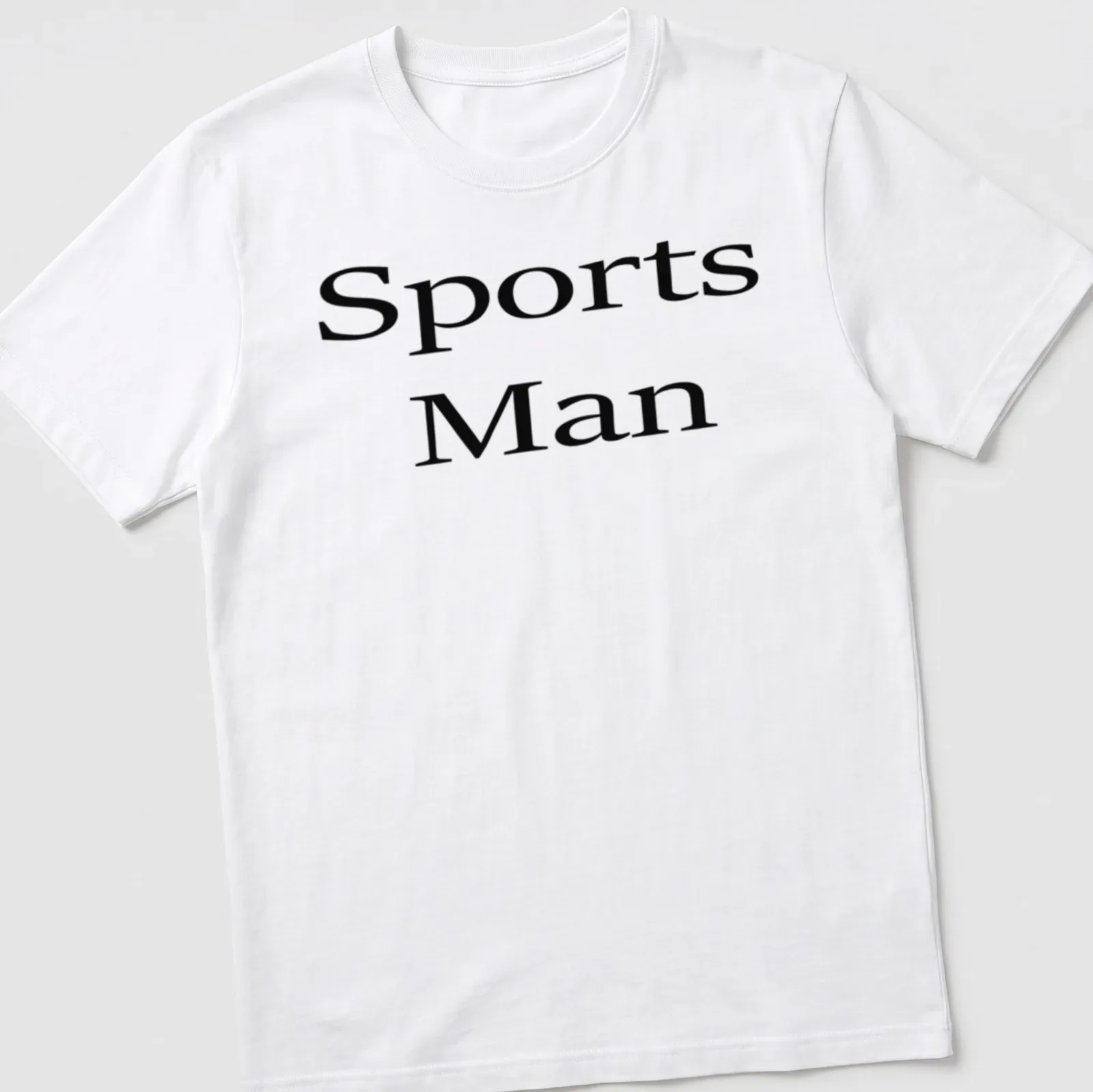 Bold serif print of 'Sports Man' on a black and white — printed on a unisex t-shirt