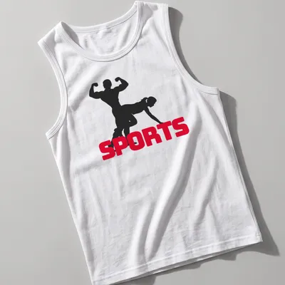 Bold silhouette design featuring bodybuilders with the word SPORTS in thick text — printed on a tank top
