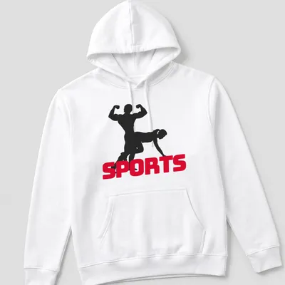 Bold silhouette design featuring bodybuilders with the word SPORTS in thick text — printed on a unisex hoodie