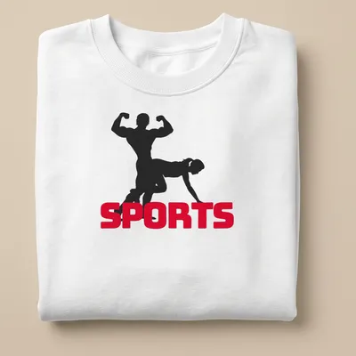 Bold silhouette design featuring bodybuilders with the word SPORTS in thick text — printed on a unisex sweatshirt