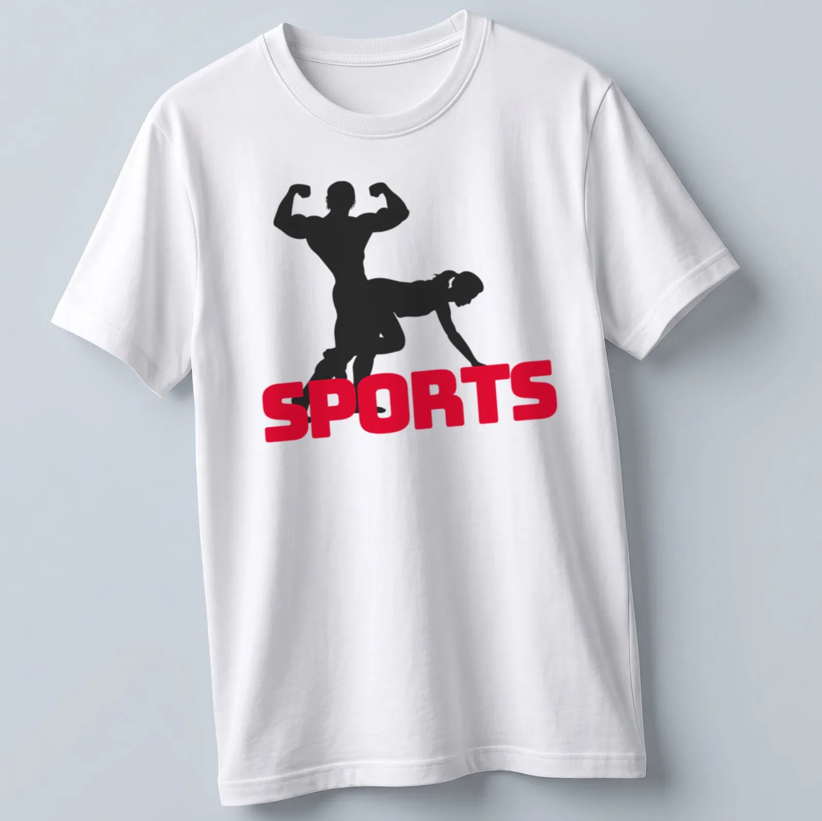 Bold silhouette design featuring bodybuilders with the word SPORTS in thick text — printed on a unisex t-shirt