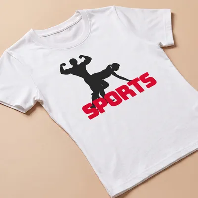 Bold silhouette design featuring bodybuilders with the word SPORTS in thick text — printed on a women's shirt