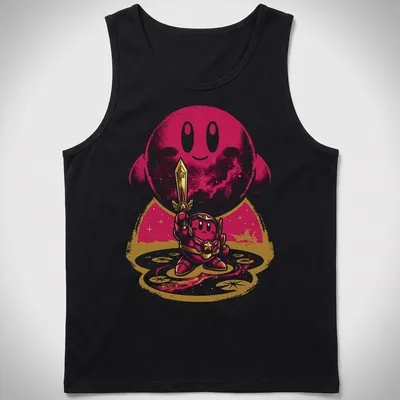 Kawaii line-art featuring Kirby with sword and cosmic background in pink and purple — printed on a tank top