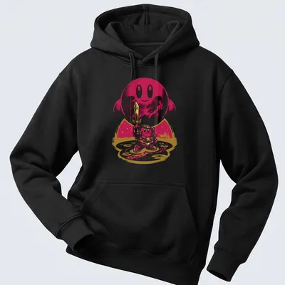 Kawaii line-art featuring Kirby with sword and cosmic background in pink and purple — printed on a unisex hoodie