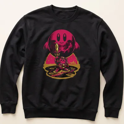 Kawaii line-art featuring Kirby with sword and cosmic background in pink and purple — printed on a unisex sweatshirt