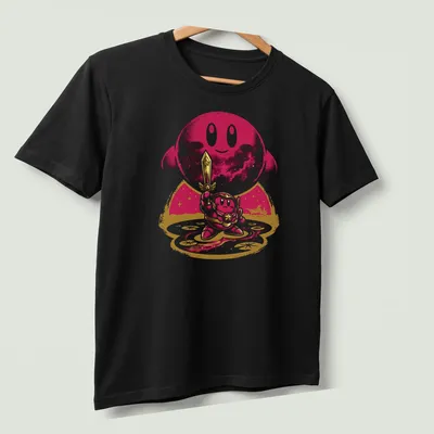 Kawaii line-art featuring Kirby with sword and cosmic background in pink and purple — printed on a unisex t-shirt (angled view)