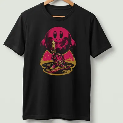 Kawaii line-art featuring Kirby with sword and cosmic background in pink and purple — printed on a unisex t-shirt