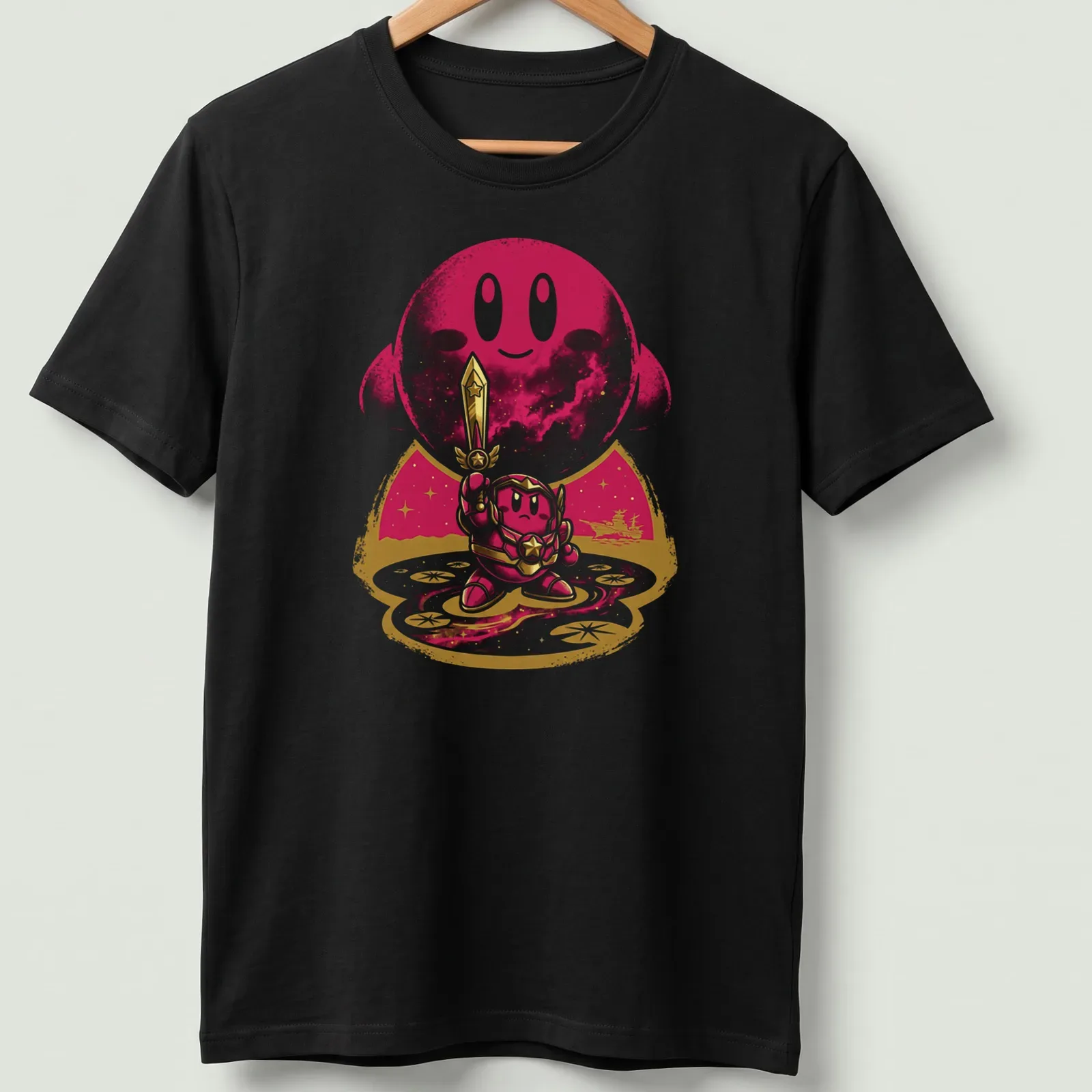 Kawaii line-art featuring Kirby with sword and cosmic background in pink and purple — printed on a unisex t-shirt
