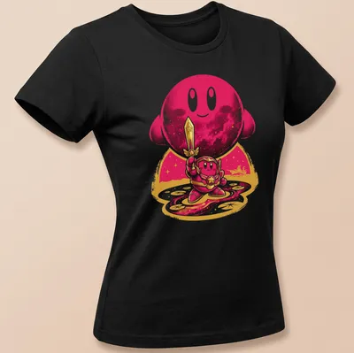 Kawaii line-art featuring Kirby with sword and cosmic background in pink and purple — printed on a women's shirt