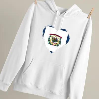 Distressed heart design featuring the West Virginia state flag colors and text. — printed on a unisex hoodie