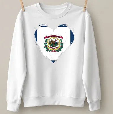Distressed heart design featuring the West Virginia state flag colors and text. — printed on a unisex sweatshirt
