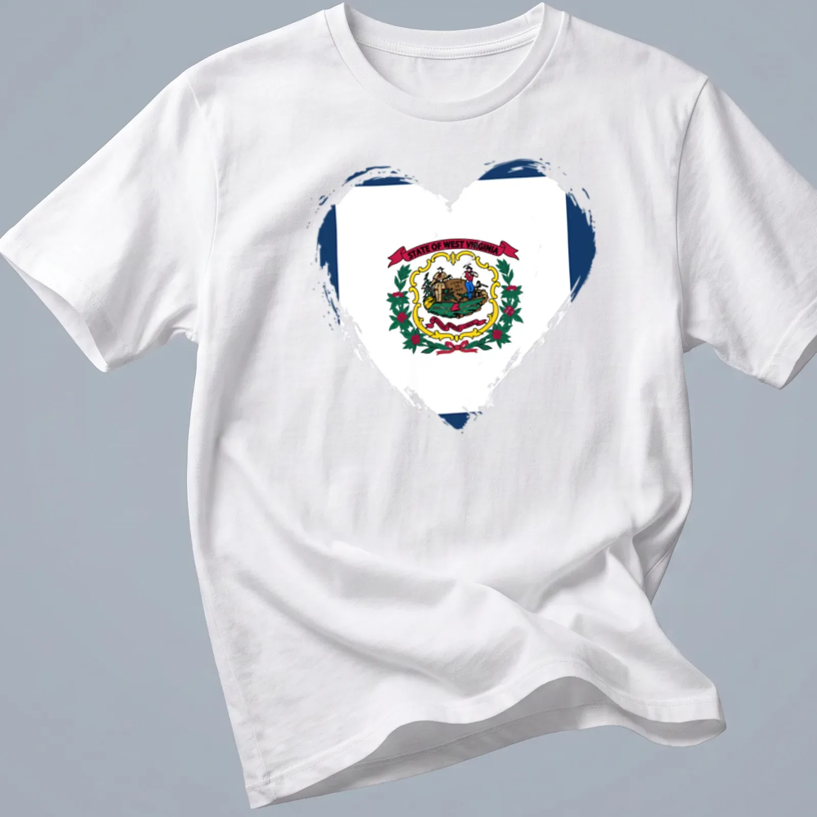 Distressed heart design featuring the West Virginia state flag colors and text. — printed on a unisex t-shirt
