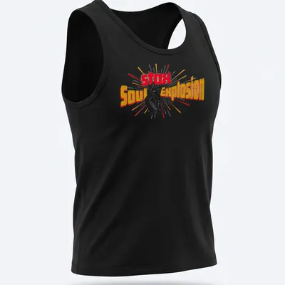 Vibrant retro Stax Soul Explosion T-shirt with hand gesture and colorful text — printed on a tank top
