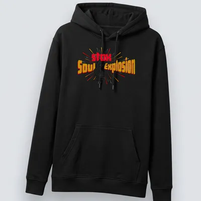 Vibrant retro Stax Soul Explosion T-shirt with hand gesture and colorful text — printed on a unisex hoodie