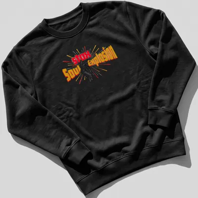 Vibrant retro Stax Soul Explosion T-shirt with hand gesture and colorful text — printed on a unisex sweatshirt