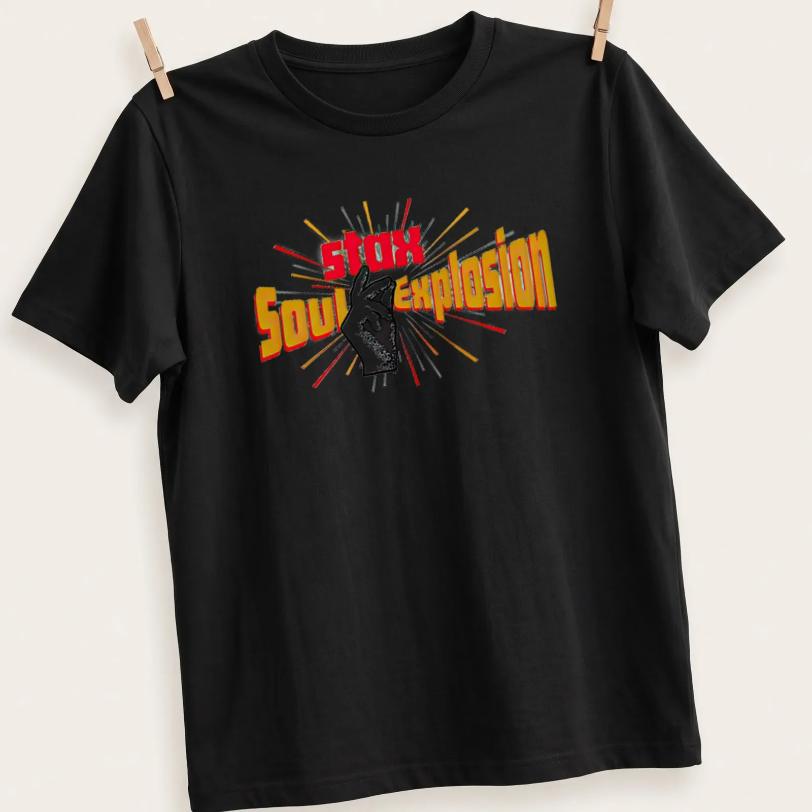Vibrant retro Stax Soul Explosion T-shirt with hand gesture and colorful text — printed on a unisex t-shirt