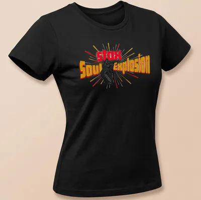 Vibrant retro Stax Soul Explosion T-shirt with hand gesture and colorful text — printed on a women's shirt