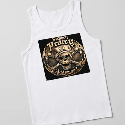 Metallic vintage skull logo featuring a cap with text "Stephen Pearcy Hollywood" — printed on a tank top