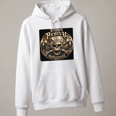 Metallic vintage skull logo featuring a cap with text "Stephen Pearcy Hollywood" — printed on a unisex hoodie
