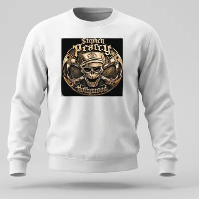 Metallic vintage skull logo featuring a cap with text "Stephen Pearcy Hollywood" — printed on a unisex sweatshirt