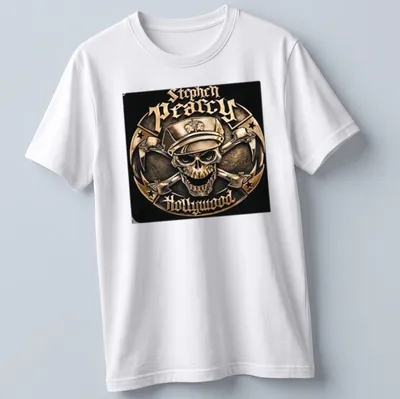 Metallic vintage skull logo featuring a cap with text "Stephen Pearcy Hollywood" — printed on a unisex t-shirt