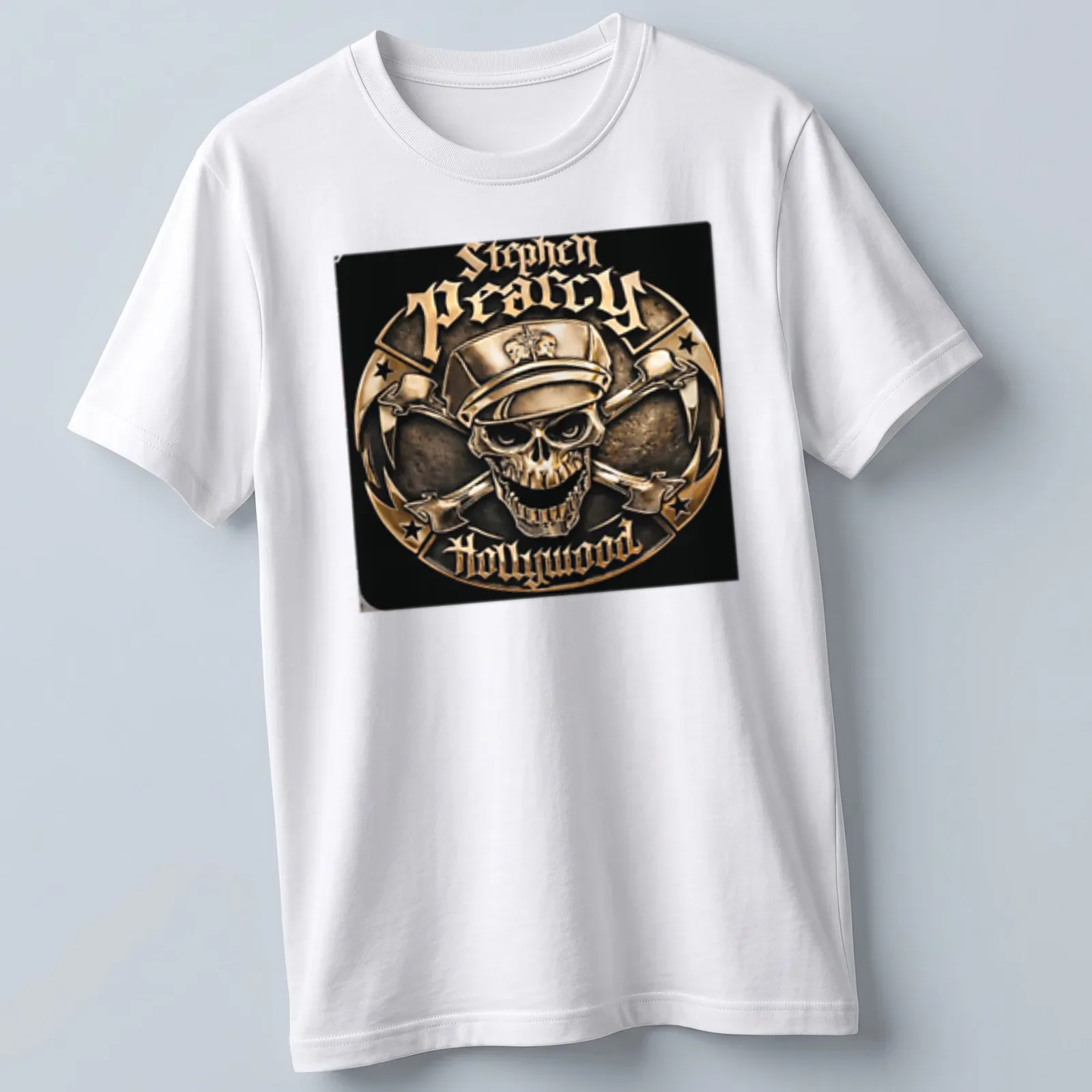 Metallic vintage skull logo featuring a cap with text "Stephen Pearcy Hollywood" — printed on a unisex t-shirt