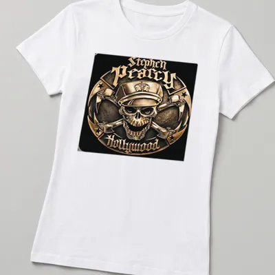 Metallic vintage skull logo featuring a cap with text "Stephen Pearcy Hollywood" — printed on a women's shirt