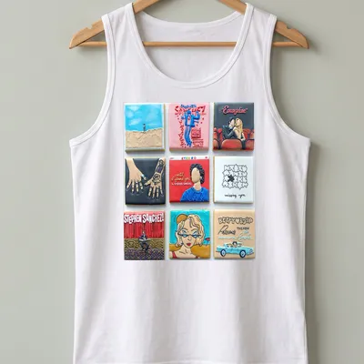 Colorful pop art shirt featuring Stephen Sanchez and lyrics in vibrant colors — printed on a tank top