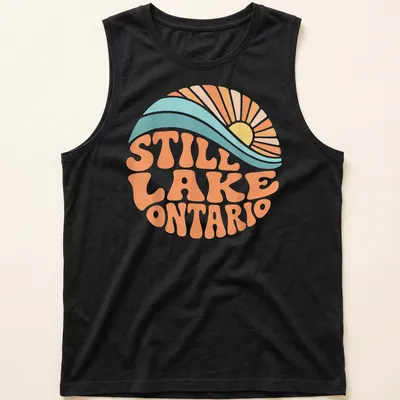 Retro wave design featuring a sunrise over Lake Ontario with vibrant colors — printed on a tank top