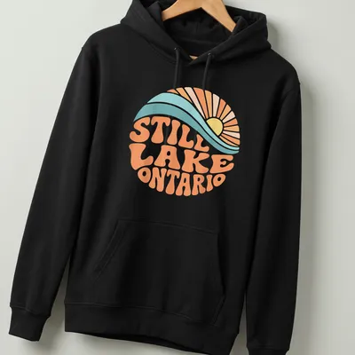 Retro wave design featuring a sunrise over Lake Ontario with vibrant colors — printed on a unisex hoodie