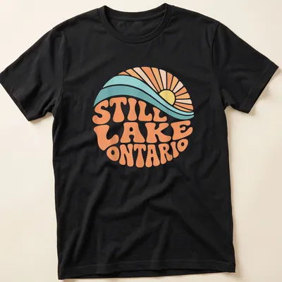 Retro wave design featuring a sunrise over Lake Ontario with vibrant colors — printed on a unisex t-shirt