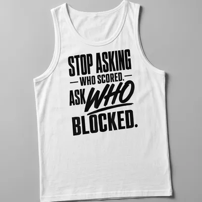 Bold typography volleyball shirt with black and white text about blocking. — printed on a tank top