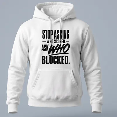 Bold typography volleyball shirt with black and white text about blocking. — printed on a unisex hoodie