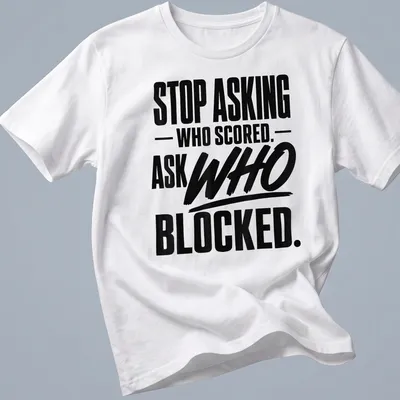 Bold typography volleyball shirt with black and white text about blocking. — printed on a unisex t-shirt