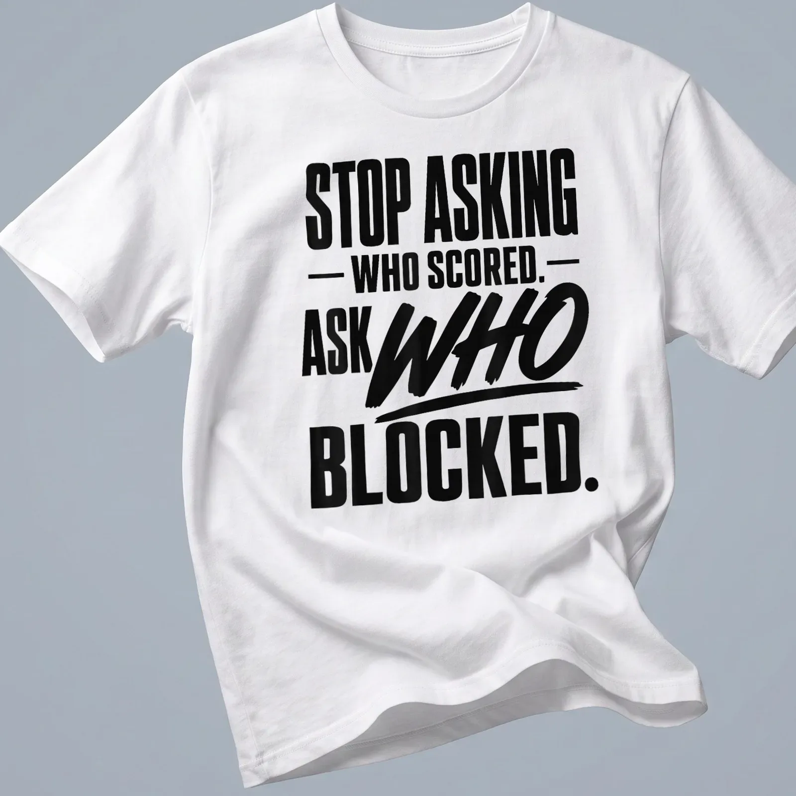 Bold typography volleyball shirt with black and white text about blocking. — printed on a unisex t-shirt