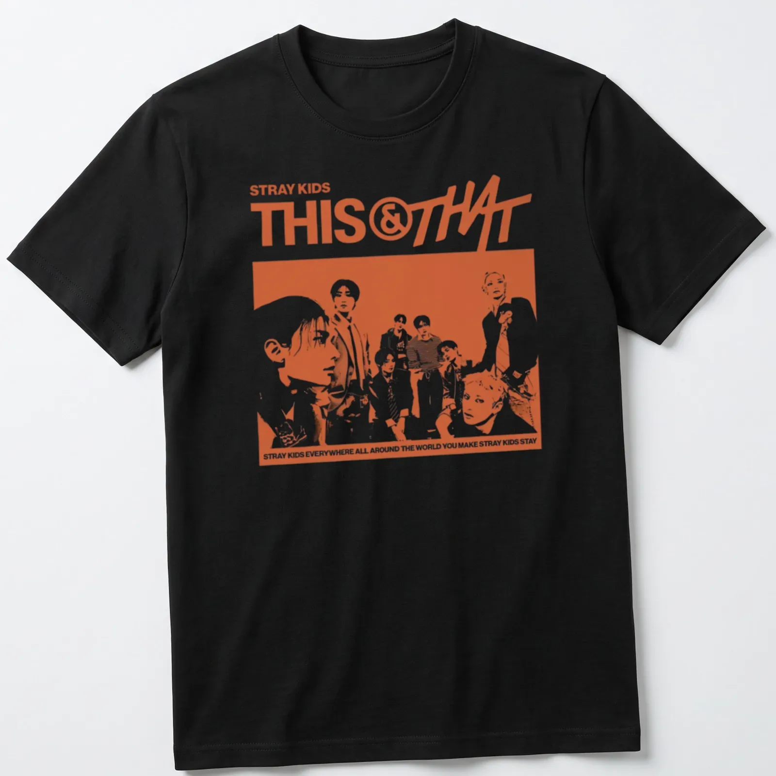 Retro Stray Kids shirt with vibrant orange text on white background — printed on a unisex t-shirt