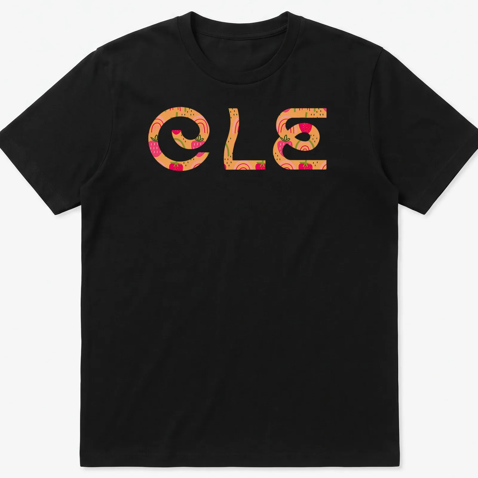 Colorful summer t-shirt featuring strawberries and rainbows with the word 'OLE' in playful lettering. — printed on a unisex t-shirt