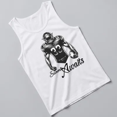 Bold monochrome football player t-shirt with the text 'Summit Awaits' in striking typography. — printed on a tank top
