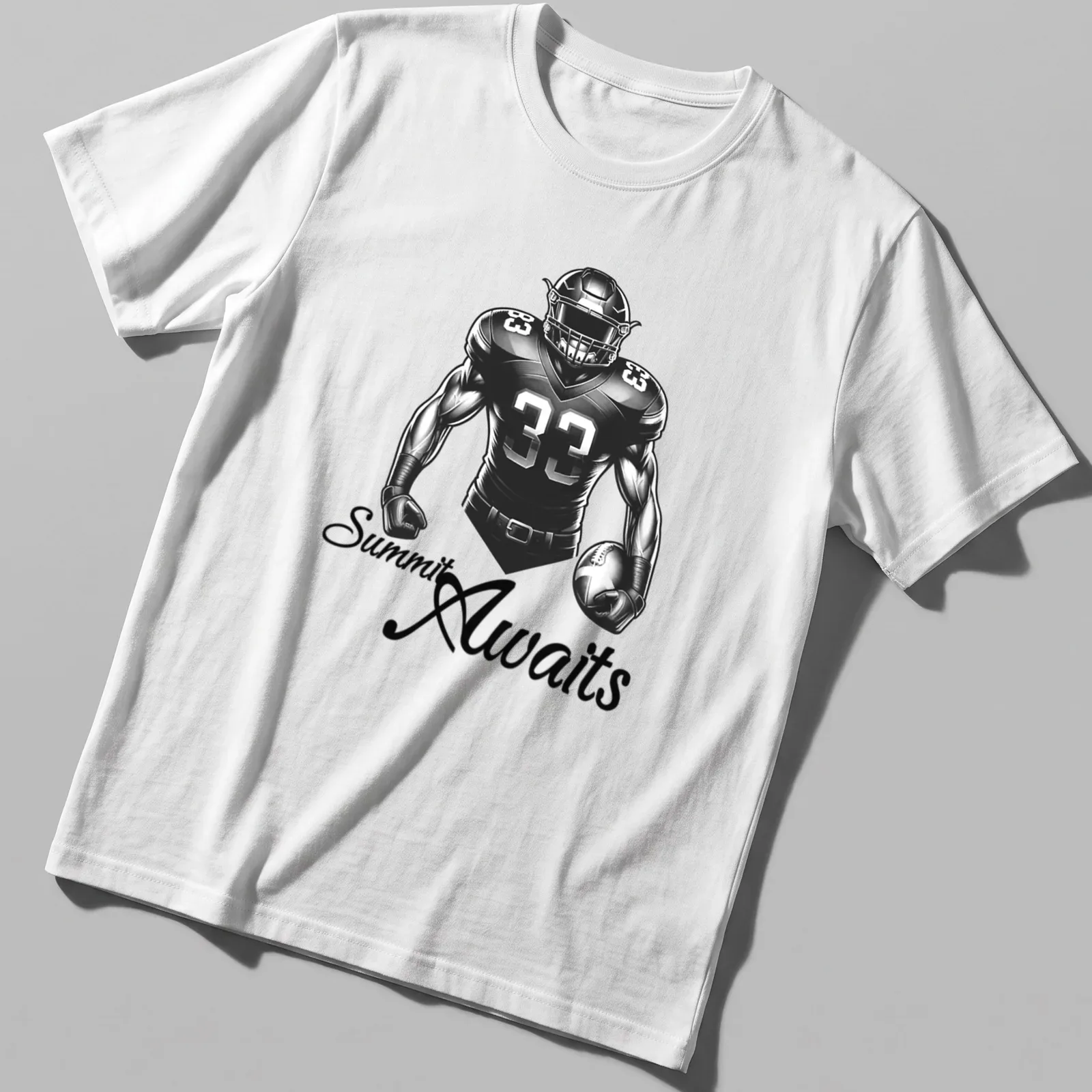 Bold monochrome football player t-shirt with the text 'Summit Awaits' in striking typography. — printed on a unisex t-shirt
