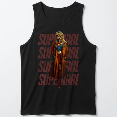 Vintage Supergirl design featuring repeated text in red, blue, brown, and yellow — printed on a tank top
