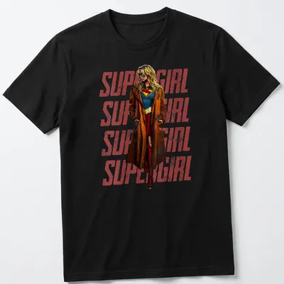 Vintage Supergirl design featuring repeated text in red, blue, brown, and yellow