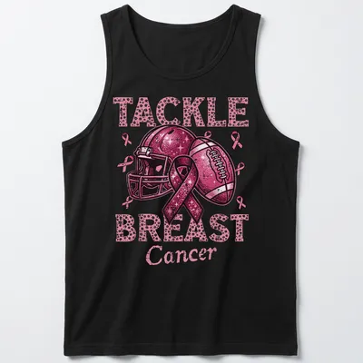Colorful T-shirt featuring a football helmet and ball with a pink ribbon and awareness message — printed on a tank top