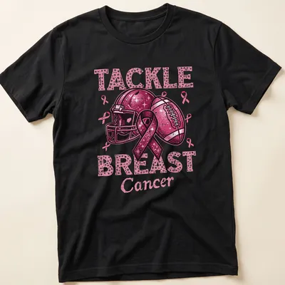 Colorful T-shirt featuring a football helmet and ball with a pink ribbon and awareness message — printed on a unisex t-shirt
