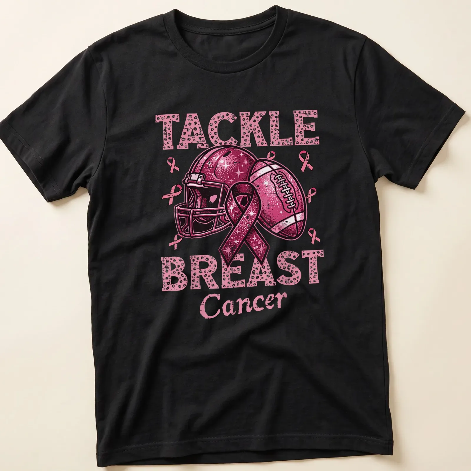 Colorful T-shirt featuring a football helmet and ball with a pink ribbon and awareness message — printed on a unisex t-shirt