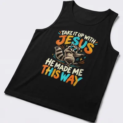 Vintage cartoon of a dancing raccoon with humorous text above it — printed on a tank top