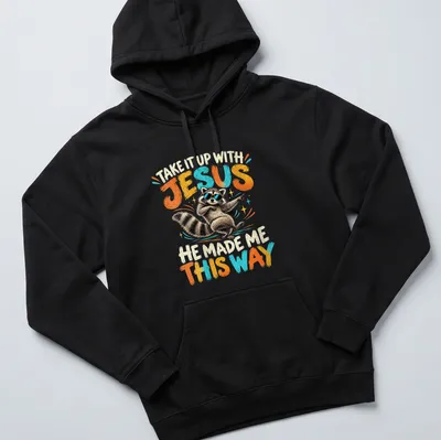 Vintage cartoon of a dancing raccoon with humorous text above it — printed on a unisex hoodie